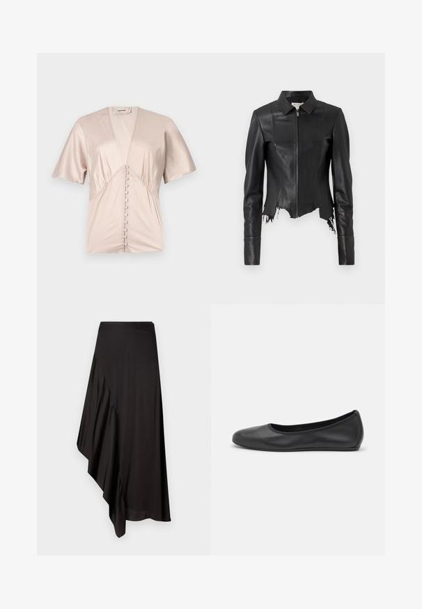 Black cropped leather jacket with a collar, zip front, and a single chest pocket; features frayed hem and seam detailing. Smooth texture.; Short-sleeve blouse made of smooth, light beige satin with a deep V-neck and decorative buttons down the center.; AERON ASTER SKIRT - Pencil skirt - black; Black leather ballet flat with a rounded toe, smooth texture, minimal stitching detail, and a flexible sole design.