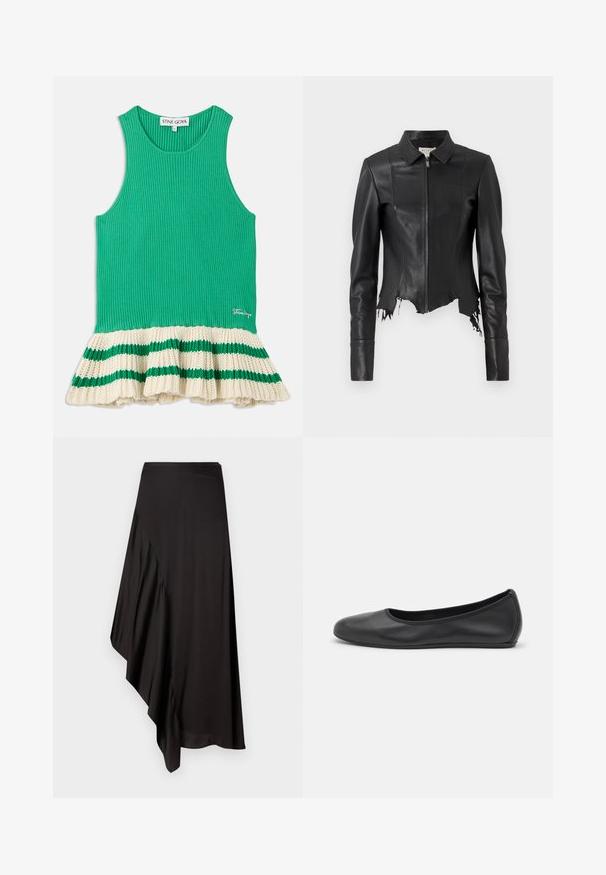 Fekete rövid bőrkabát, gallérral, cipzáros elülső résszel és egyetlen mellzsebbel; szálkás szegéllyel és varrási részletekkel rendelkezik. Simább textúra.; Zöld bordázott ujjatlan felső, krém színű, fodros kötött szegéllyel, zöld csíkokkal. Logó hímzett az elején, a szegély közelében.; AERON ASTER SKIRT - Ceruzaszoknya - black; Fekete bőr balettcipő lekerekített orral, sima tekstúrával, minimális varrással és rugalmas talp kialakítással.