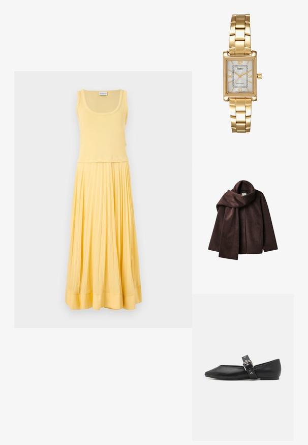 Bruine wolmix jas met een brede sjaalkraag en een open ontwerp. Zachte textuur, ontspannen pasvorm en geen zichtbare sluitingen.; Mouwloze gele jurk met een aansluitend lijfje en een geplooide, vloeiende rok. Zachte stof met een gladde textuur en een subtiele zoomdetail.; Zwarte leren platte schoen met een spitse neus, zijkantband met een zilveren gesp en een lage hak. Soepele textuur en minimalistisch ontwerp.; Bruine leren handtas met textuur, gouden hardware, bovenhandvatten en een afneembare schouderriem; heeft een voorflap met een sluiting.; Gouden rechthoekige polshorloge met een witte wijzerplaat, zilverkleurige uurmarkeringen en een duurzame metalen schakelarmband. Inclusief waterdichte functie.