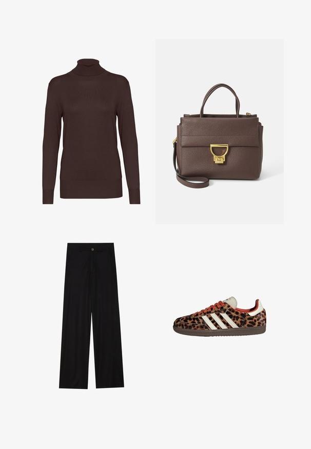 Giacca in misto lana marrone con ampio colletto a sciarpa e design aperto. Texture morbida, vestibilità comoda e senza chiusure visibili.; Maglione a collo alto marrone realizzato in tessuto a coste. Presenta maniche lunghe e una silhouette aderente, con un colletto alto e un colore uniforme.; Pantaloni neri a gamba larga realizzati in un tessuto liscio, dotati di tasche frontali e chiusura con bottone in vita. Design minimalista senza motivi.; Sneaker con stampa leopardata in materiale scamosciato, lacci rossi e tre strisce bianche sui lati. Presentano una linguetta di colore crema e una suola marrone.; Borsa a tracolla in pelle marrone con superficie testurizzata, hardware dorato, manici superiori e tracolla removibile; presenta un pattina anteriore con chiusura a clip.; Orologio da polso rettangolare dorato con quadrante bianco, indicatori delle ore in tono argento e un robusto bracciale in metallo. Include la funzione di resistenza all'acqua.