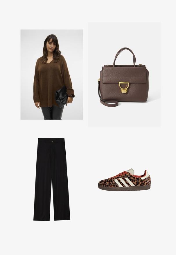 Brown wool blend jacket with a wide scarf collar and open front design. Soft texture, relaxed fit, and no visible fastenings.; Brown oversized knit sweater with a V-neck and ribbed cuffs, paired with a black fold-over clutch. Model wears fitted black pants.; Wide-leg black trousers made of a smooth fabric, featuring front pockets and a button closure at the waist. Minimalist design with no patterns.; Leopard print sneakers with suede material, red laces, and three white stripes on the side. Features a cream-colored tongue and brown sole.; Brown leather handbag with textured surface, gold hardware, top handles, and detachable shoulder strap; features a front flap with a clasp closure.; Gold-tone rectangular wristwatch with a white dial, silver-tone hour markers, and a durable metal link bracelet. Water-resistant feature included.