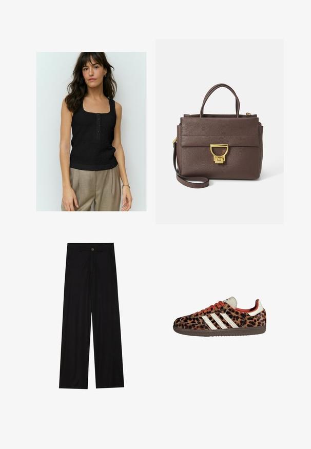 Rjava jakna iz volnenega mešanega materiala z širokim ovratnikom in odprtim sprednjim delom. Mehka tekstura, sproščen kroj in brez vidnih zapiranj.; Črn brezrokavnik s teksturiranim vzorcem, kvadratnim izrezom in štirimi sprednjimi gumbi. Usklajen z bež hlačami visokega pasu.; Široke črne hlače iz gladkega materiala, ki imajo sprednje žepe in gumbno zapiranje v pasu. Minimalistična zasnova brez vzorcev.; Teniske z leopardjim vzorom iz semiša, rdečimi vezalkami in tremi belimi črtami ob strani. Imajo kremasto barvo jezička in rjavo podplat.; Rjava usnjena torbica z zatesnjeno površino, zlatim okovjem, vrhnjimi ročkami in snemljivim ramenskim trakom; ima sprednji pokrov z zapiranjem na zaponko.; Zlato obarvana pravokotna ročna ura z belo številčnico, srebrnimi kazalci in trdno kovinsko zapestnico. Vključena je vodoodporna funkcija.