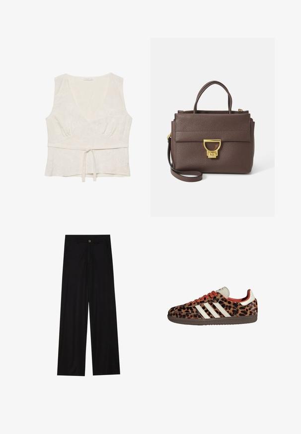 Rjava jakna iz volnenega mešanega materiala z širokim ovratnikom in odprtim sprednjim delom. Mehka tekstura, sproščen kroj in brez vidnih zapiranj.; Bela lanena majica z V-izrezom, rahlo nabrano v pasu in s zavezovanjem spredaj. Ima lahko cvetličasto vezenje po celotni površini. Brez rokavov.; Široke črne hlače iz gladkega materiala, ki imajo sprednje žepe in gumbno zapiranje v pasu. Minimalistična zasnova brez vzorcev.; Teniske z leopardjim vzorom iz semiša, rdečimi vezalkami in tremi belimi črtami ob strani. Imajo kremasto barvo jezička in rjavo podplat.; Rjava usnjena torbica z zatesnjeno površino, zlatim okovjem, vrhnjimi ročkami in snemljivim ramenskim trakom; ima sprednji pokrov z zapiranjem na zaponko.; Zlato obarvana pravokotna ročna ura z belo številčnico, srebrnimi kazalci in trdno kovinsko zapestnico. Vključena je vodoodporna funkcija.