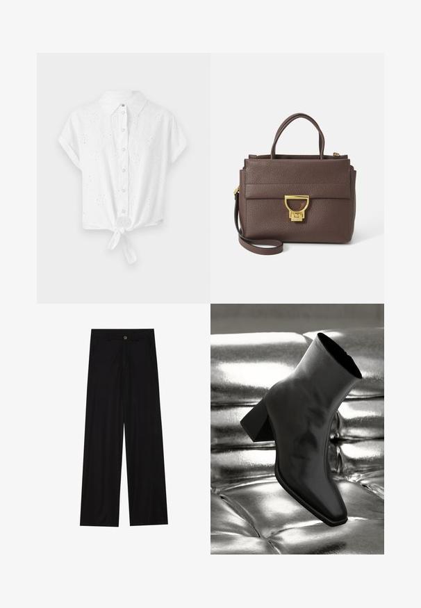 Brown wool blend jacket with a wide scarf collar and open front design. Soft texture, relaxed fit, and no visible fastenings.; White short-sleeve shirt with a collar, front buttons, and a knotted hem. Features eyelet embroidery design for texture and detail.; Wide-leg black trousers made of a smooth fabric, featuring front pockets and a button closure at the waist. Minimalist design with no patterns.; Black ankle boot made of glossy material with a square toe and tapered heel, set against a shiny silver tufted background.; Brown leather handbag with textured surface, gold hardware, top handles, and detachable shoulder strap; features a front flap with a clasp closure.