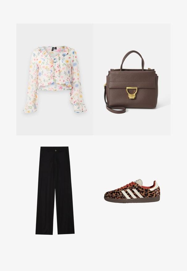 Brun uldblanding frakke med bred halsskærm og åbent frontdesign. Blød tekstur, afslappet pasform og ingen synlige lukninger.; Blomstret crop top i letvægtsstof. Har rynket halsudskæring og ærmer. De dominerende farver inkluderer hvid, pink, gul og blå.; Bredde ben sorte bukser lavet af et glat stof, med forlommer og knaplukning i taljen. Minimalistisk design uden mønstre.; Sko i leopardmønster med ruskindsmateriale, røde snørebånd og tre hvide striber på siden. Har en cremefarvet tunge og en brun sål.; Brun læderhandtaske med tekstureret overflade, guldfarvet hardware, tophanke og aftagelig skulderrem; har en frontklap med låsemekanisme.; Guldtonet rektangulær armbåndsur med en hvid skive, sølvtonede time markører og et holdbart metalled. Vandafvisende funktion inkluderet.
