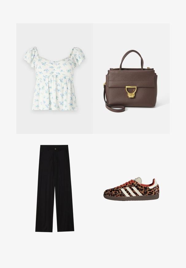 Ruda vilnos mišinio striukė su plačiu šaliku ir atviru priekiniu dizainu. Minkšta tekstūra, laisvas siluetas ir neatsirandančios užsegimų.; Balta trumpomis rankovėmis palaidinė, dekoruota šviesiai mėlyna ir žalia gėlių raštu, su surinkta krūtinės dalimi ir laisvu siluetu.; Plati juodos kelnės, pagamintos iš lygaus audinio, su priekinėmis kišenėmis ir mygtuko užsegimu liemenyje. Minimalistinis dizainas be raštų.; Leopardų rašto sportbačiai, pagaminti iš zomšos, raudonos raiščiai ir trys baltos juostelės šone. Yra kreminės spalvos liežuvėlis ir rudos spalvos padas.; Ruda odinė rankinė su tekstūruotu paviršiumi, auksiniais aksesuarais, viršutiniais rankenomis ir nuimamu peties diržu; turi priekinį dangtelį su užsegimu.; Aukso spalvos kvadratinis laikrodis su baltu ciferblatu, sidabro spalvos valandų žymekliais ir patvariu metaliniu apyrankiu. Įtrauktas vandeniui atsparus funkcionalumas.