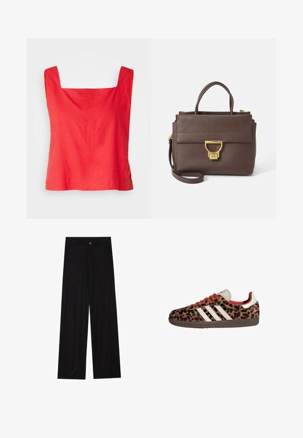 Giacca in misto lana marrone con ampio colletto a sciarpa e design aperto. Texture morbida, vestibilità comoda e senza chiusure visibili.; Top rosso a collo quadrato realizzato in tessuto leggero, con spalline larghe e orlo dritto. Texture liscia con design minimale.; Pantaloni neri a gamba larga realizzati in un tessuto liscio, dotati di tasche frontali e chiusura con bottone in vita. Design minimalista senza motivi.; Sneaker con stampa leopardata in materiale scamosciato, lacci rossi e tre strisce bianche sui lati. Presentano una linguetta di colore crema e una suola marrone.; Borsa a tracolla in pelle marrone con superficie testurizzata, hardware dorato, manici superiori e tracolla removibile; presenta un pattina anteriore con chiusura a clip.; Orologio da polso rettangolare dorato con quadrante bianco, indicatori delle ore in tono argento e un robusto bracciale in metallo. Include la funzione di resistenza all'acqua.