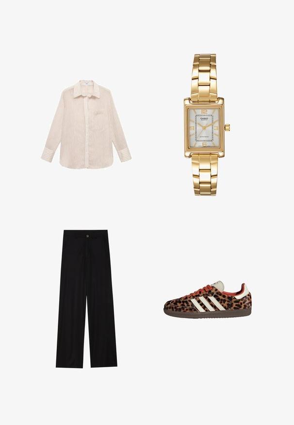 Bruine wolmix jas met een brede sjaalkraag en een open ontwerp. Zachte textuur, ontspannen pasvorm en geen zichtbare sluitingen.; Gestreepte lange mouwen shirt in crème met dunne rode lijnen, knoopsluiting aan de voorkant, puntige kraag en één borstzak. Zachte stofstructuur.; Zwarte wijde broek van een gladde stof, met zijzakken en een knoopsluiting bij de taille. Minimalistisch ontwerp zonder patronen.; Leopardprint sneakers van suède met rode veters en drie witte strepen aan de zijkant. Bevat een crèmekleurige tong en een bruine zool.; Gouden rechthoekige polshorloge met een witte wijzerplaat, zilverkleurige uurmarkeringen en een duurzame metalen schakelarmband. Inclusief waterdichte functie.