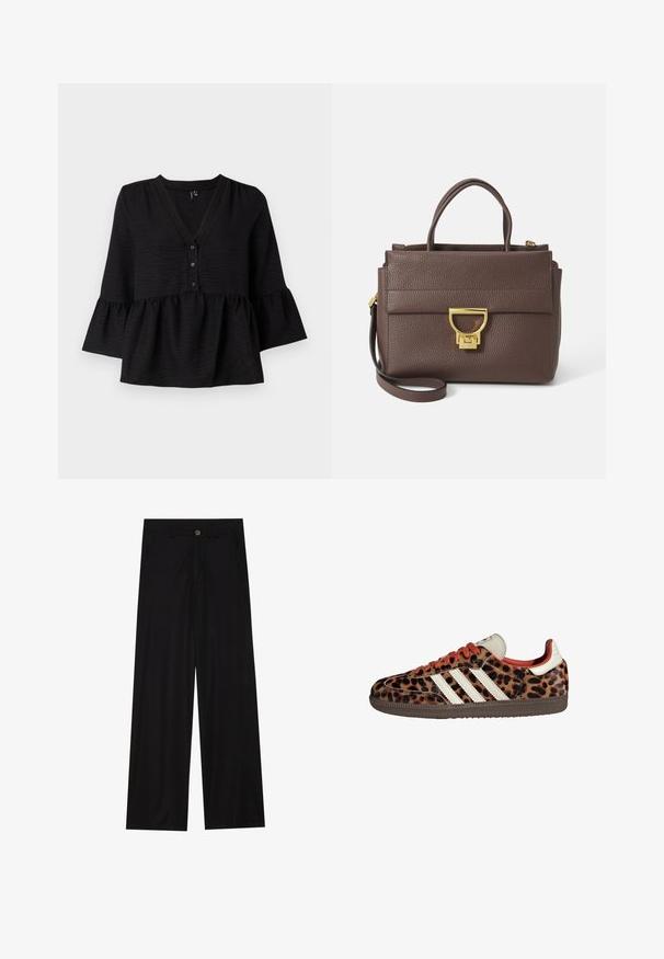 Rjava jakna iz volnenega mešanega materiala z širokim ovratnikom in odprtim sprednjim delom. Mehka tekstura, sproščen kroj in brez vidnih zapiranj.; Črna bluzica z V-izrezom, gumbnim zapiranjem in razširjenimi rokavi z nabranim robom. Narejena iz teksturirane tkanine z ohlapnim krojem.; Široke črne hlače iz gladkega materiala, ki imajo sprednje žepe in gumbno zapiranje v pasu. Minimalistična zasnova brez vzorcev.; Teniske z leopardjim vzorom iz semiša, rdečimi vezalkami in tremi belimi črtami ob strani. Imajo kremasto barvo jezička in rjavo podplat.; Rjava usnjena torbica z zatesnjeno površino, zlatim okovjem, vrhnjimi ročkami in snemljivim ramenskim trakom; ima sprednji pokrov z zapiranjem na zaponko.; Zlato obarvana pravokotna ročna ura z belo številčnico, srebrnimi kazalci in trdno kovinsko zapestnico. Vključena je vodoodporna funkcija.