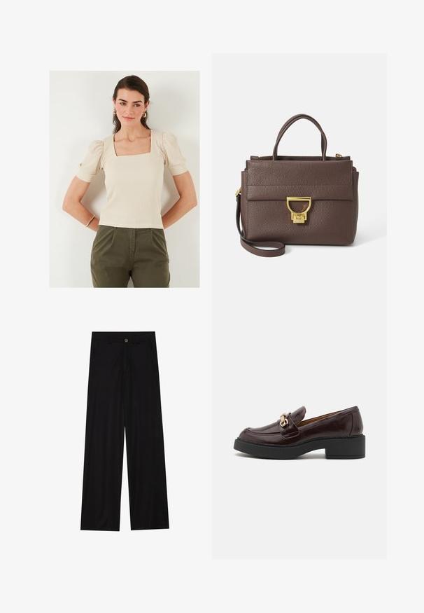 Brown wool blend jacket with a wide scarf collar and open front design. Soft texture, relaxed fit, and no visible fastenings.; Beige square-neck top with puff sleeves, ribbed texture. Paired with olive green trousers, model wears gold hoop earrings.; Wide-leg black trousers made of a smooth fabric, featuring front pockets and a button closure at the waist. Minimalist design with no patterns.; Brown leather loafer with a gold accent buckle, black block heel, and a smooth texture. Side view showcases rounded toe and stitched detailing.; Brown leather handbag with textured surface, gold hardware, top handles, and detachable shoulder strap; features a front flap with a clasp closure.; Gold-tone rectangular wristwatch with a white dial, silver-tone hour markers, and a durable metal link bracelet. Water-resistant feature included.