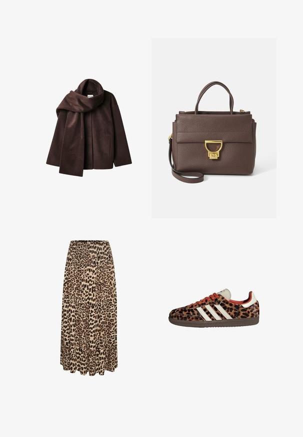 Veste en laine mélangée marron avec un large col en écharpe et une conception à ouverture frontale. Texture douce, coupe décontractée et sans fermetures visibles.; Chemise noire à manches longues avec un large col, en tissu doux, présentant une coupe ajustée et de minimalistes détails de couture.; Jupe maxi en imprimé léopard avec une taille smockée et un ourlet à volants superposés, présentant des tons de beige, de marron et de noir dans un tissu doux.; Baskets en imprimé léopard avec un matériau en suède, lacets rouges et trois rayures blanches sur le côté. Présente une languette de couleur crème et une semelle marron.; Sac à main en cuir marron avec surface texturée, quincaillerie dorée, poignées supérieures et bandoulière amovible ; présente un rabat avant avec une fermeture à cliquet.; Montre-bracelet rectangulaire dorée avec un cadran blanc, des index horaires argentés et un bracelet en métal durable. Fonction étanche incluse.