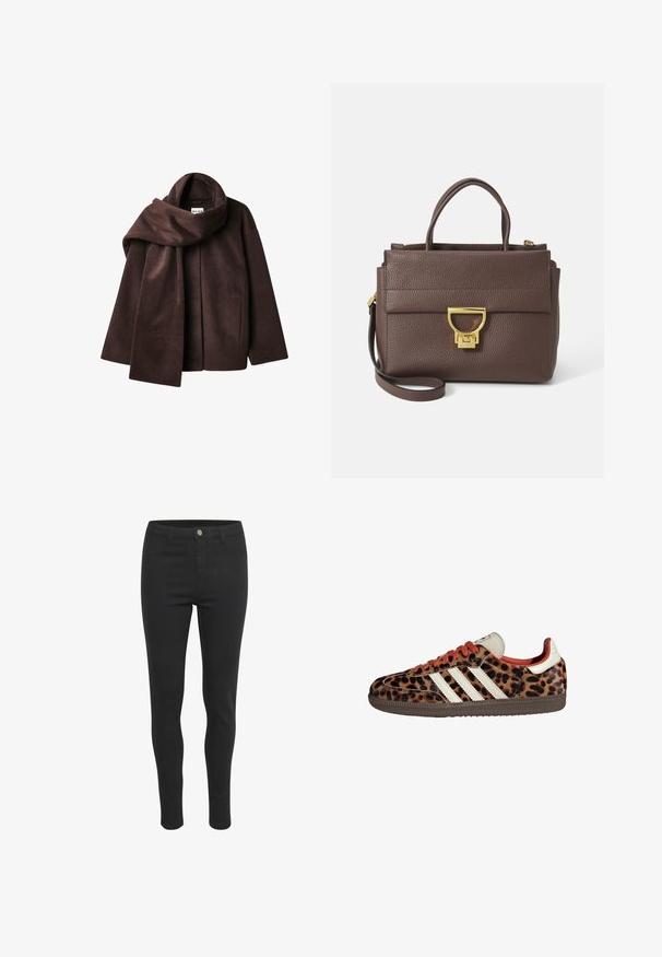 Brązowa kurtka z mieszanki wełny z szerokim kołnierzem w kształcie szalika i otwartym przodem. Miękka faktura, luźny krój i brak widocznych zapięć.; Czarna koszula z długim rękawem o szerokim dekolcie, wykonana z miękkiego materiału, charakteryzująca się dopasowanym krojem i minimalnymi detalami szwów.; Czarne skinny jeans z gładką fakturą materiału, z zapięciem na guzik z przodu, pięcioma kieszeniami i dopasowanym krojem.; Sneakers w nadrukiem lamparta z zamszowego materiału, czerwonymi sznurówkami i trzema białymi paskami z boku. Wyróżniają się kremowym językiem i brązową podeszwą.; Brązowa skórzana torebka o teksturowanej powierzchni, ze złotymi detalami, górnymi uchwytami oraz odpinanym paskiem na ramię; zawiera zapięcie na klapę z przodu.; Złoty prostokątny zegarek na nadgarstek z białą tarczą, srebrnymi znacznikami godzin i wytrzymałym metalowym bransoletą. Wbudowana funkcja wodoodporna.