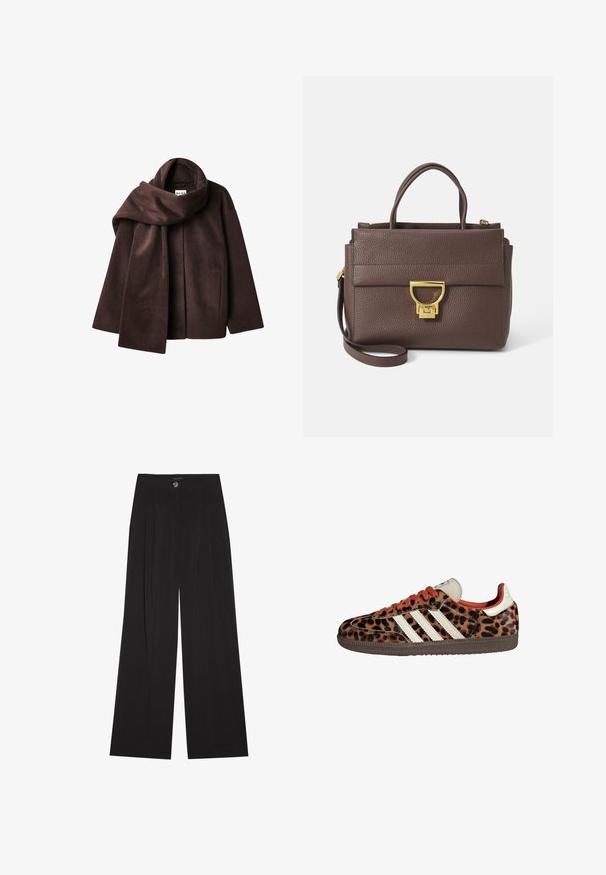 Brązowa kurtka z mieszanki wełny z szerokim kołnierzem w kształcie szalika i otwartym przodem. Miękka faktura, luźny krój i brak widocznych zapięć.; Czarna koszula z długim rękawem o szerokim dekolcie, wykonana z miękkiego materiału, charakteryzująca się dopasowanym krojem i minimalnymi detalami szwów.; Czarne spodnie o szerokich nogawkach z plisami, z zapięciem na guzik i dwoma bocznymi kieszeniami; gładka tekstura z dopasowanym krojem.; Sneakers w nadrukiem lamparta z zamszowego materiału, czerwonymi sznurówkami i trzema białymi paskami z boku. Wyróżniają się kremowym językiem i brązową podeszwą.; Brązowa skórzana torebka o teksturowanej powierzchni, ze złotymi detalami, górnymi uchwytami oraz odpinanym paskiem na ramię; zawiera zapięcie na klapę z przodu.; Złoty prostokątny zegarek na nadgarstek z białą tarczą, srebrnymi znacznikami godzin i wytrzymałym metalowym bransoletą. Wbudowana funkcja wodoodporna.