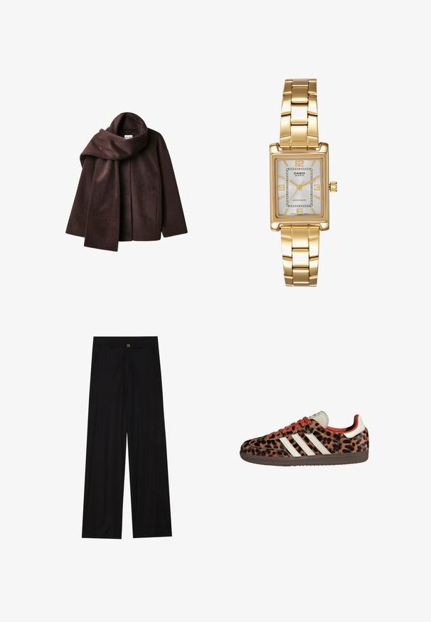 Brązowa kurtka z mieszanki wełny z szerokim kołnierzem w kształcie szalika i otwartym przodem. Miękka faktura, luźny krój i brak widocznych zapięć.; Czarna koszula z długim rękawem o szerokim dekolcie, wykonana z miękkiego materiału, charakteryzująca się dopasowanym krojem i minimalnymi detalami szwów.; Szerokie czarne spodnie wykonane z gładkiego materiału, z przednimi kieszeniami i zapięciem na guzik w talii. Minimalistyczny design bez wzorów.; Sneakers w nadrukiem lamparta z zamszowego materiału, czerwonymi sznurówkami i trzema białymi paskami z boku. Wyróżniają się kremowym językiem i brązową podeszwą.; Złoty prostokątny zegarek na nadgarstek z białą tarczą, srebrnymi znacznikami godzin i wytrzymałym metalowym bransoletą. Wbudowana funkcja wodoodporna.