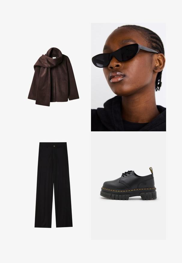 Hnedý kabát z vlnenej zmesi so širokým šálovým golierom a otvoreným predným dizajnom. Mäkká textura, voľný strih a bez viditeľných zapínaní.; Čierny top s dlhými rukávmi, ktorý má odhalené ramená, skrútený dizajn látky na hrudi a veľkú mašľu vpredu.; Široké čierne nohavice vyrobené z hladkej tkaniny, so šikmými prednými vreckami a gombíkovým zapínaním v páse. Minimalistický dizajn bez vzorov.; Čierne kožené topánky s hrubou, textúrovanou podrážkou. Medzi vlastnosti patrí žlté prešívanie, okrúhly špička a pútko na päte.; Čierne slnečné okuliare v štýle mačacích očí s matným povrchom, s elegantným dizajnom a jemne zakrivenými hranami, umiestnené na pozadí modela v tmavom oblečení.; Zlatý obdĺžnikový náramkový hodinky s bielym ciferníkom, striebornými indexmi a odolným kovovým náramkom. Obsahuje vodoodolnú funkciu.