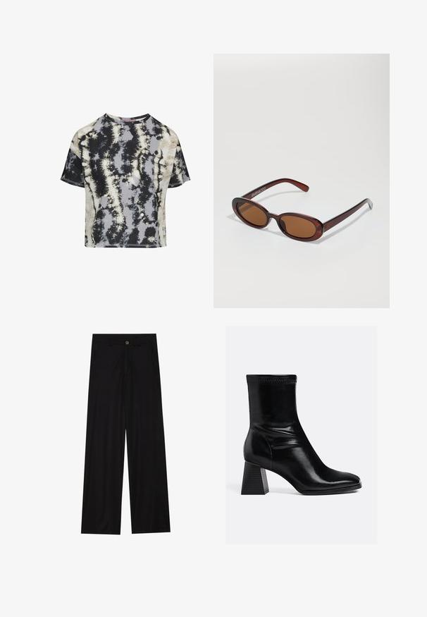 Bruine wolmix jas met een brede sjaalkraag en een open ontwerp. Zachte textuur, ontspannen pasvorm en geen zichtbare sluitingen.; Korte mouw cropped t-shirt van katoen, met een tie-dye patroon met zwarte, grijze en beige wervelingen. Ongedefinieerde randen en een ronde hals.; Zwarte wijde broek van een gladde stof, met zijzakken en een knoopsluiting bij de taille. Minimalistisch ontwerp zonder patronen.; Zwarte leren enkelboots met een gladde afwerking, vierkante neus en een geprofileerde blokhak. Voorzien van een elastische enkelontwerp en zichtbare stiksels.; Ronde, bruin getinte zonnebril met een glanzend bordeauxrood frame. Slanke pootjes met subtiele merkdetails. Vlakke lensontwerp.; Gouden rechthoekige polshorloge met een witte wijzerplaat, zilverkleurige uurmarkeringen en een duurzame metalen schakelarmband. Inclusief waterdichte functie.