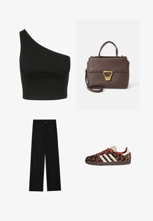 Rjava jakna iz volnenega mešanega materiala z širokim ovratnikom in odprtim sprednjim delom. Mehka tekstura, sproščen kroj in brez vidnih zapiranj.; Črn rebrast top s asimetričnim dizajnom na eni rami. Tkanina se zdi mehka z gladko teksturo in prileganjem.; Široke črne hlače iz gladkega materiala, ki imajo sprednje žepe in gumbno zapiranje v pasu. Minimalistična zasnova brez vzorcev.; Teniske z leopardjim vzorom iz semiša, rdečimi vezalkami in tremi belimi črtami ob strani. Imajo kremasto barvo jezička in rjavo podplat.; Rjava usnjena torbica z zatesnjeno površino, zlatim okovjem, vrhnjimi ročkami in snemljivim ramenskim trakom; ima sprednji pokrov z zapiranjem na zaponko.; Zlato obarvana pravokotna ročna ura z belo številčnico, srebrnimi kazalci in trdno kovinsko zapestnico. Vključena je vodoodporna funkcija.