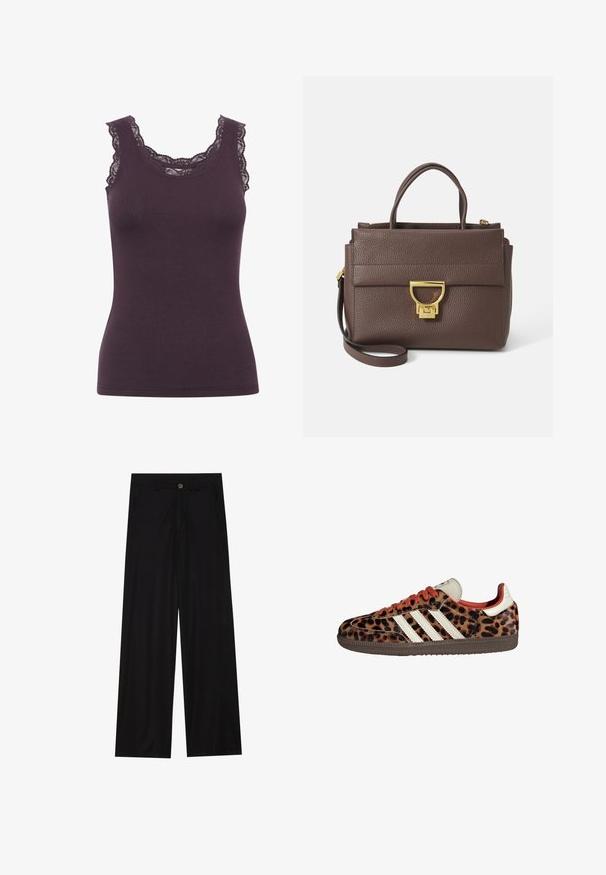Giacca in misto lana marrone con ampio colletto a sciarpa e design aperto. Texture morbida, vestibilità comoda e senza chiusure visibili.; Top a canotta rigato viola scuro con scollatura arrotondata e dettagli in pizzo intrecciato lungo i bordi, caratterizzato da una silhouette aderente.; Pantaloni neri a gamba larga realizzati in un tessuto liscio, dotati di tasche frontali e chiusura con bottone in vita. Design minimalista senza motivi.; Sneaker con stampa leopardata in materiale scamosciato, lacci rossi e tre strisce bianche sui lati. Presentano una linguetta di colore crema e una suola marrone.; Borsa a tracolla in pelle marrone con superficie testurizzata, hardware dorato, manici superiori e tracolla removibile; presenta un pattina anteriore con chiusura a clip.; Orologio da polso rettangolare dorato con quadrante bianco, indicatori delle ore in tono argento e un robusto bracciale in metallo. Include la funzione di resistenza all'acqua.