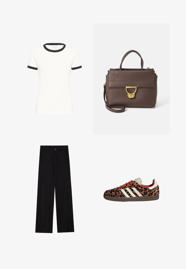 Chaqueta de mezcla de lana marrón con un amplio cuello de bufanda y diseño de frente abierto. Textura suave, corte relajado y sin cierre visible.; Camiseta de algodón blanca con cuello y puños de manga en negro. Mangas cortas, corte clásico, textura suave y sin patrones visibles.; Pantalones negros de pierna ancha hechos de una tela suave, con bolsillos delanteros y cierre de botón en la cintura. Diseño minimalista sin patrones.; Zapatillas con estampado de leopardo en material de ante, cordones rojos y tres franjas blancas en el lateral. Presenta una lengüeta color crema y suela marrón.; Bolso de mano de cuero marrón con superficie texturada, herrajes dorados, asas superiores y correa de hombro desmontable; cuenta con una solapa frontal con cierre de broche.; Reloj de pulsera rectangular de tono dorado con esfera blanca, marcadores de horas de tono plateado y una duradera pulsera de metal. Incluye función de resistencia al agua.