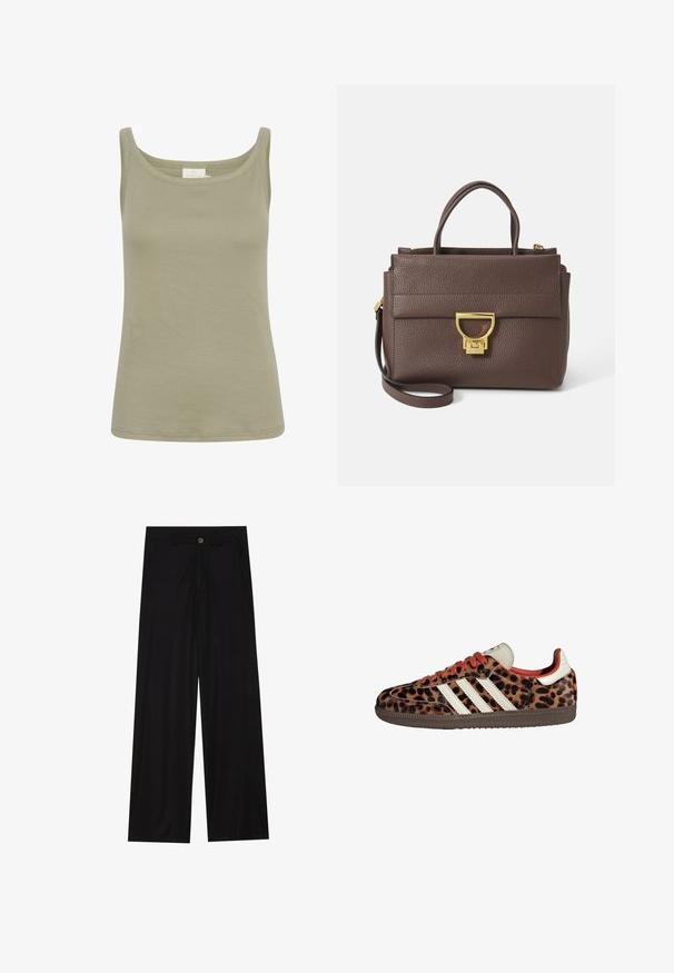 Bruine wolmix jas met een brede sjaalkraag en een open ontwerp. Zachte textuur, ontspannen pasvorm en geen zichtbare sluitingen.; Olijfgroen katoenen tanktop met een ronde hals, slim fit en zonder zichtbare patronen. Gladde textuur, afgewerkt met rechte zoom.; Zwarte wijde broek van een gladde stof, met zijzakken en een knoopsluiting bij de taille. Minimalistisch ontwerp zonder patronen.; Leopardprint sneakers van suède met rode veters en drie witte strepen aan de zijkant. Bevat een crèmekleurige tong en een bruine zool.; Bruine leren handtas met textuur, gouden hardware, bovenhandvatten en een afneembare schouderriem; heeft een voorflap met een sluiting.; Gouden rechthoekige polshorloge met een witte wijzerplaat, zilverkleurige uurmarkeringen en een duurzame metalen schakelarmband. Inclusief waterdichte functie.