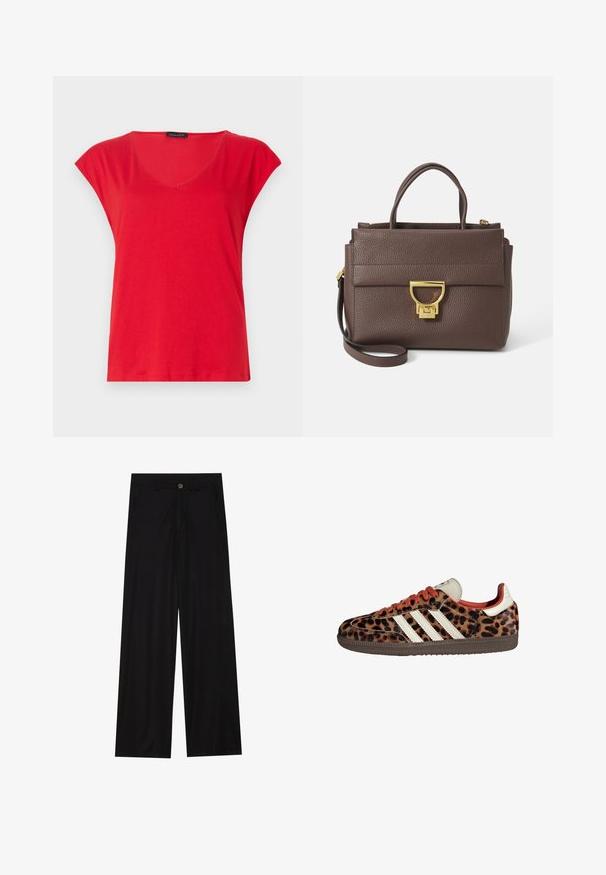 Brūnais vilnas maisījuma žakets ar platām šalta kakla malām un atvērtu priekšpusi. Mīksta tekstūra, brīvs piegriezums un bez redzamām aizdara detaļām.; Sarkans īsām piedurknēm V veida kakla T-krekls, izgatavots no mīkstas auduma. Ievērojama brīva piegriezuma, ar gludu tekstūru un kārtīgu šuvju gar apakšmalu.; Platas kājas melnas bikses, izgatavotas no gludas auduma, ar priekšējām kabatām un pogas aizdari jostasvietā. Minimālisma dizains, bez rakstiem.; Leparda raksta čības ar zamša materiālu, sarkaniem šņorēm un trim baltām svītrām sānos. Iezīmē krēmkrāsas mēlīti un brūnu zoli.; Brūna ādas rokassomu ar teksturētu virsmu, zeltītu aparatūru, augšējiem rokturiem un noņemamu plecu siksniņu; tai ir priekšējā atloka ar sprādzes aizdari.; Zelta tonis taisnstūra rokas pulkstenis ar balto ciparnīcu, sudraba tonis stundu rādītājiem un izturīgu metāla saiti. Iekļauta ūdens izturība.