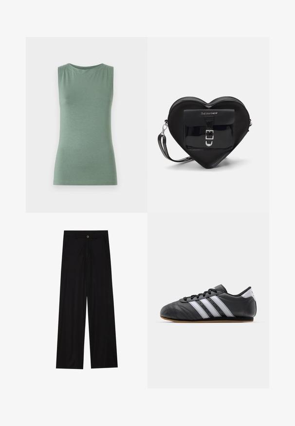 Brun uldblanding frakke med bred halsskærm og åbent frontdesign. Blød tekstur, afslappet pasform og ingen synlige lukninger.; Ærmeløs grøn top lavet af blødt stof, med en rund halsudskæring og tætsiddende form. Minimalistisk design uden mønstre eller udsmykninger.; Bredde ben sorte bukser lavet af et glat stof, med forlommer og knaplukning i taljen. Minimalistisk design uden mønstre.; Sorte lædersportssko med hvide striber, rund tå, flad sål og snørelukning. Har perforeringer for åndbarhed.; Sort hjertetask lavet af patentlæder med en frontlomme, der har en spænde-lukning og en aftagelig rem. Sølv hardware accenter.; Brun læderhandtaske med tekstureret overflade, guldfarvet hardware, tophanke og aftagelig skulderrem; har en frontklap med låsemekanisme.; Guldtonet rektangulær armbåndsur med en hvid skive, sølvtonede time markører og et holdbart metalled. Vandafvisende funktion inkluderet.