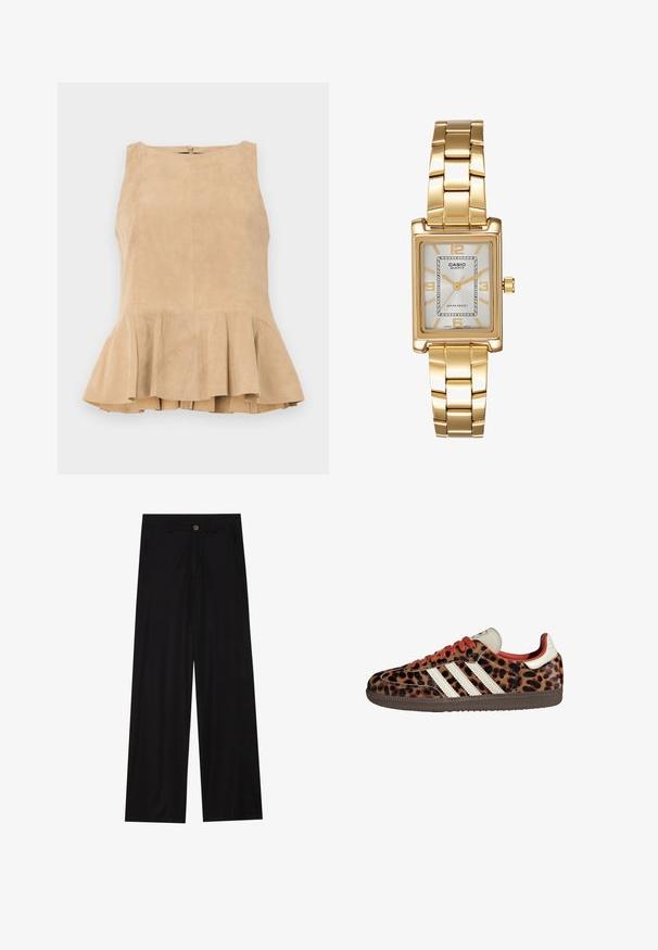 Brun uldblanding frakke med bred halsskærm og åbent frontdesign. Blød tekstur, afslappet pasform og ingen synlige lukninger.; Beige ruskindsløs top med flæsekant, der har en lynlås i ryggen, struktureret overflade og en diskret glans.; Bredde ben sorte bukser lavet af et glat stof, med forlommer og knaplukning i taljen. Minimalistisk design uden mønstre.; Sko i leopardmønster med ruskindsmateriale, røde snørebånd og tre hvide striber på siden. Har en cremefarvet tunge og en brun sål.; Guldtonet rektangulær armbåndsur med en hvid skive, sølvtonede time markører og et holdbart metalled. Vandafvisende funktion inkluderet.