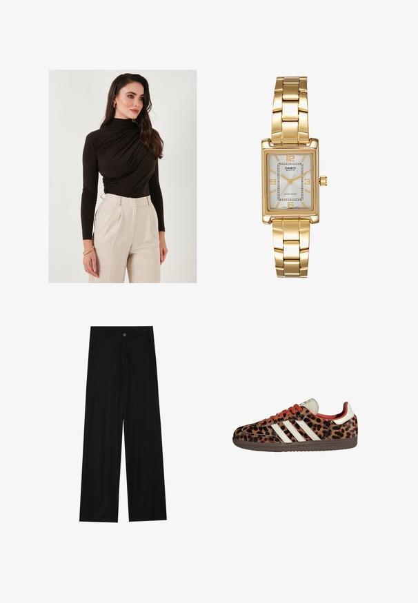 Braune Wollmischjacke mit breitem Schalkragen und offenem Design. Weicher Stoff, lockere Passform und keine sichtbaren Verschlüsse.; LELA SLIM FIT - Langarmshirt - brown; Schwarz weit geschnittene Hose aus einem glatten Stoff, mit frontalen Taschen und einem Knopfverschluss an der Taille. Minimalistisches Design ohne Muster.; Sneaker im Leopardenmuster aus Wildleder mit roten Schnürsenkeln und drei weißen Streifen an der Seite. Sie haben eine cremefarbene Zunge und eine braune Sohle.; Goldfarbene rechteckige Armbanduhr mit Zifferblatt in Weiß, silbernen Stundenmarkierungen und einem strapazierfähigen Metallarmband. Wasserfest.