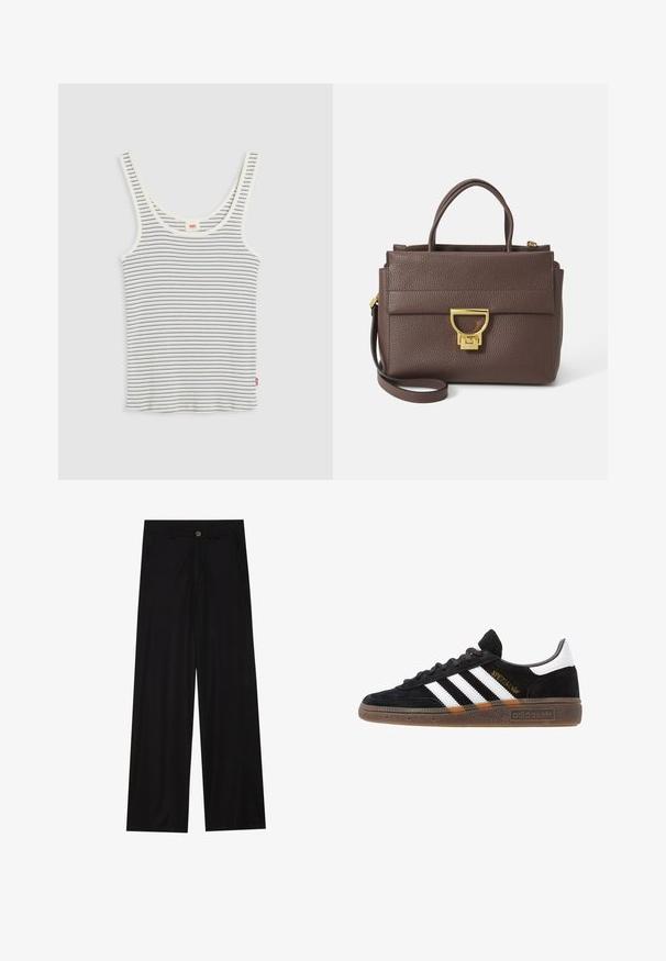 Ruda vilnos mišinio striukė su plačiu šaliku ir atviru priekiniu dizainu. Minkšta tekstūra, laisvas siluetas ir neatsirandančios užsegimų.; Baltas ribotas liemenėlis su plonomis juodomis horizontaliomis juostelėmis ir apvaliu kaklu, patogiai išklotas ant šviesiai pilko fono.; Plati juodos kelnės, pagamintos iš lygaus audinio, su priekinėmis kišenėmis ir mygtuko užsegimu liemenyje. Minimalistinis dizainas be raštų.; Juodos Adidas sportbačiai su baltais dryžiais, auksiniu „Spezial“ užrašu, guminėmis padais ir balta kulno juostele, rodomi šoninio vaizdo.; Ruda odinė rankinė su tekstūruotu paviršiumi, auksiniais aksesuarais, viršutiniais rankenomis ir nuimamu peties diržu; turi priekinį dangtelį su užsegimu.; Aukso spalvos kvadratinis laikrodis su baltu ciferblatu, sidabro spalvos valandų žymekliais ir patvariu metaliniu apyrankiu. Įtrauktas vandeniui atsparus funkcionalumas.