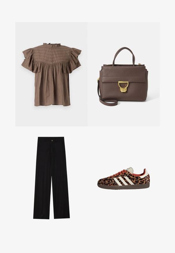 Giacca in misto lana marrone con ampio colletto a sciarpa e design aperto. Texture morbida, vestibilità comoda e senza chiusure visibili.; Blusa marrone a maniche corte con scollatura e maniche arricciate. Presenta righe verticali, una vestibilità morbida e dettagli arricciati in vita.; Pantaloni neri a gamba larga realizzati in un tessuto liscio, dotati di tasche frontali e chiusura con bottone in vita. Design minimalista senza motivi.; Sneaker con stampa leopardata in materiale scamosciato, lacci rossi e tre strisce bianche sui lati. Presentano una linguetta di colore crema e una suola marrone.; Borsa a tracolla in pelle marrone con superficie testurizzata, hardware dorato, manici superiori e tracolla removibile; presenta un pattina anteriore con chiusura a clip.; Orologio da polso rettangolare dorato con quadrante bianco, indicatori delle ore in tono argento e un robusto bracciale in metallo. Include la funzione di resistenza all'acqua.