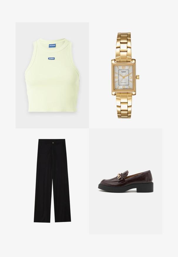 Ruda vilnos mišinio striukė su plačiu šaliku ir atviru priekiniu dizainu. Minkšta tekstūra, laisvas siluetas ir neatsirandančios užsegimų.; Limeto žalia juostelėmis trumpa palaidinė su apvaliu iškirpimu ir be rankovių dizainu. Yra mėlynas etiketė "HUGO", patalpinta ant krūtinės.; Plati juodos kelnės, pagamintos iš lygaus audinio, su priekinėmis kišenėmis ir mygtuko užsegimu liemenyje. Minimalistinis dizainas be raštų.; Ruda odinė loafer avalynė su auksiniu akcentu sagtimi, juodu blokuotu kulnu ir lygiu paviršiumi. Šoninis vaizdas demonstruoja suapvalintą nosį ir siuvinėtas detales.; Aukso spalvos kvadratinis laikrodis su baltu ciferblatu, sidabro spalvos valandų žymekliais ir patvariu metaliniu apyrankiu. Įtrauktas vandeniui atsparus funkcionalumas.