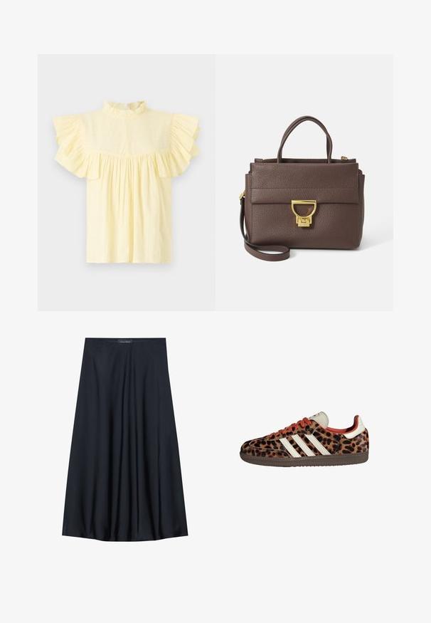 Pruun villasegude sviiter laia sallikaeluse ja avatud ettekujundusega. Pehme tekstuur, mugav lõige ja nähtavad kinnitused puuduvad.; Heled kollane pluus, millel on kõrge volangiga kaelus, lühikesed volangiga varrukad ja kokku volditud rind, millel on horisontaalsed tekstuuri jooned.; Must have pikk, kerge materjaliga must seelik, millel on voogav disain. Omab siledat tekstuuri ja peeneid voldikesi lisadetailiks.; Leopardi mustriga tossud, valmistatud nubukmaterjalist, punased paelad ja kolm valget triipu külgedel. Omab kreemjat keelt ja pruunist põhja.; Pruun nahkne käekott tekstureeritud pinnaga, kuldse riistvaraga, ülestõstetavad käepidemed ja eemaldatav õlalihas; omab esiflapiga klapiga sulgemist.; Kuldtooni ristkülikukujuline käekell valge puidust näidikuga, hõbedaste tundide markeritega ja vastupidava metallist link-ribaga. Veekindel omadus on kaasas.