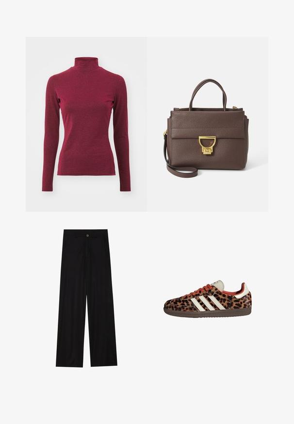 Braune Wollmischjacke mit breitem Schalkragen und offenem Design. Weicher Stoff, lockere Passform und keine sichtbaren Verschlüsse.; HUGO DELAINA - Langarmshirt - medium red; Schwarz weit geschnittene Hose aus einem glatten Stoff, mit frontalen Taschen und einem Knopfverschluss an der Taille. Minimalistisches Design ohne Muster.; Sneaker im Leopardenmuster aus Wildleder mit roten Schnürsenkeln und drei weißen Streifen an der Seite. Sie haben eine cremefarbene Zunge und eine braune Sohle.; Braune Ledertasche mit strukturierter Oberfläche, goldenen Beschlägen, oberen Griffen und abnehmbarem Schultergurt; besitzt eine Vorderklappe mit einem Verschluss.; Goldfarbene rechteckige Armbanduhr mit Zifferblatt in Weiß, silbernen Stundenmarkierungen und einem strapazierfähigen Metallarmband. Wasserfest.