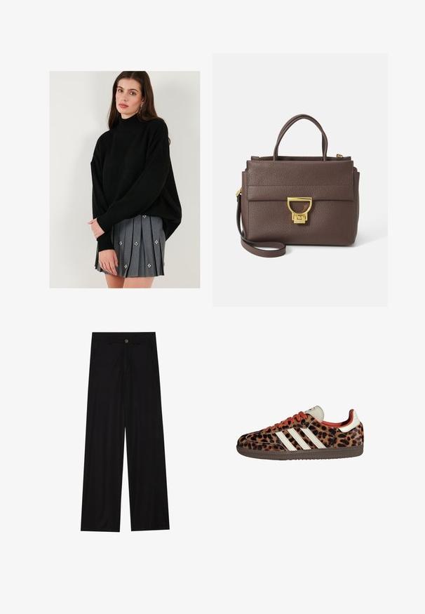 Rjava jakna iz volnenega mešanega materiala z širokim ovratnikom in odprtim sprednjim delom. Mehka tekstura, sproščen kroj in brez vidnih zapiranj.; Črna pletena jopica z visokim ovratnikom in spuščенimi rameni, skupaj z sivo naborkano krilo z dekorativnimi cvetličnimi okraski.; Široke črne hlače iz gladkega materiala, ki imajo sprednje žepe in gumbno zapiranje v pasu. Minimalistična zasnova brez vzorcev.; Teniske z leopardjim vzorom iz semiša, rdečimi vezalkami in tremi belimi črtami ob strani. Imajo kremasto barvo jezička in rjavo podplat.; Rjava usnjena torbica z zatesnjeno površino, zlatim okovjem, vrhnjimi ročkami in snemljivim ramenskim trakom; ima sprednji pokrov z zapiranjem na zaponko.; Zlato obarvana pravokotna ročna ura z belo številčnico, srebrnimi kazalci in trdno kovinsko zapestnico. Vključena je vodoodporna funkcija.