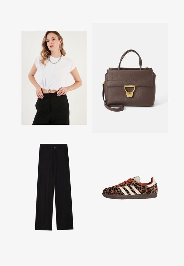 Pruun villasegude sviiter laia sallikaeluse ja avatud ettekujundusega. Pehme tekstuur, mugav lõige ja nähtavad kinnitused puuduvad.; Valge lühikeste varrukatega lühike t-särk, millel on volditud äär ja hõbedased ümmargused detailid, kombineeritud mustade kõrgema vöökohtadega pükstega.; Laiad mustad püksid, mis on valmistatud siledast kangast, esipoolse taskuga ja nööbkinnitusega vööl. Minimalistlik disain ilma mustriteta.; Leopardi mustriga tossud, valmistatud nubukmaterjalist, punased paelad ja kolm valget triipu külgedel. Omab kreemjat keelt ja pruunist põhja.; Pruun nahkne käekott tekstureeritud pinnaga, kuldse riistvaraga, ülestõstetavad käepidemed ja eemaldatav õlalihas; omab esiflapiga klapiga sulgemist.; Kuldtooni ristkülikukujuline käekell valge puidust näidikuga, hõbedaste tundide markeritega ja vastupidava metallist link-ribaga. Veekindel omadus on kaasas.