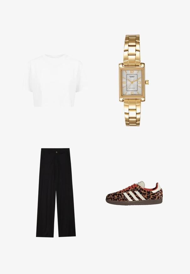 Hnedý kabát z vlnenej zmesi so širokým šálovým golierom a otvoreným predným dizajnom. Mäkká textura, voľný strih a bez viditeľných zapínaní.; Biele skrátené tričko, krátke rukávy, okrúhly výstrih, vyrobené z hladkej tkaniny, bez viditeľných vzorov alebo výrazného hardvéru.; Široké čierne nohavice vyrobené z hladkej tkaniny, so šikmými prednými vreckami a gombíkovým zapínaním v páse. Minimalistický dizajn bez vzorov.; Tenisky s leopardím vzorom zo semišu, červenými šnúrkami a tromi bielymi pruhmi na bokoch. Majú krémovú jazyk a hnedú podrážku.; Zlatý obdĺžnikový náramkový hodinky s bielym ciferníkom, striebornými indexmi a odolným kovovým náramkom. Obsahuje vodoodolnú funkciu.