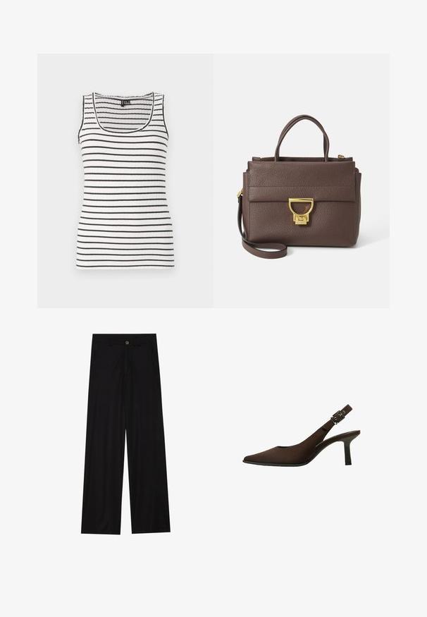Brown wool blend jacket with a wide scarf collar and open front design. Soft texture, relaxed fit, and no visible fastenings.; Ribbed tank top with black and white horizontal stripes. Features a scoop neckline and thin straps. Soft, stretchy fabric.; Wide-leg black trousers made of a smooth fabric, featuring front pockets and a button closure at the waist. Minimalist design with no patterns.; Brown suede slingback pump with a pointed toe, sleek design, thin heel, and a buckle accent on the ankle strap.; Brown leather handbag with textured surface, gold hardware, top handles, and detachable shoulder strap; features a front flap with a clasp closure.; Gold-tone rectangular wristwatch with a white dial, silver-tone hour markers, and a durable metal link bracelet. Water-resistant feature included.
