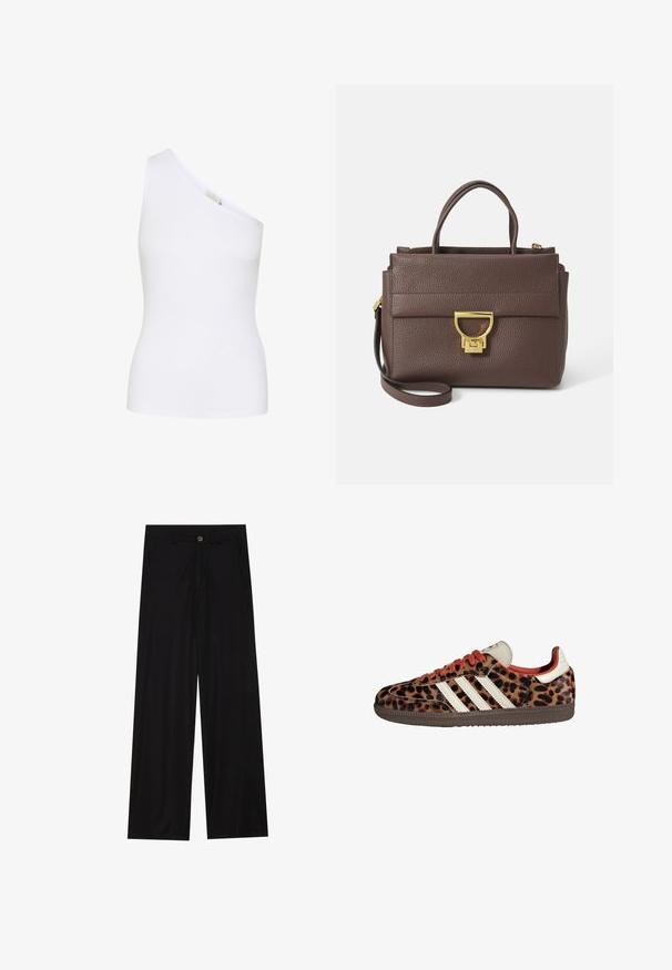Bruine wolmix jas met een brede sjaalkraag en een open ontwerp. Zachte textuur, ontspannen pasvorm en geen zichtbare sluitingen.; Asymmetrische witte geribde tanktop met ontwerp voor één schouder. Vlotte textuur, aansluitende pasvorm en geen zichtbare patronen of hardware details.; Zwarte wijde broek van een gladde stof, met zijzakken en een knoopsluiting bij de taille. Minimalistisch ontwerp zonder patronen.; Leopardprint sneakers van suède met rode veters en drie witte strepen aan de zijkant. Bevat een crèmekleurige tong en een bruine zool.; Bruine leren handtas met textuur, gouden hardware, bovenhandvatten en een afneembare schouderriem; heeft een voorflap met een sluiting.; Gouden rechthoekige polshorloge met een witte wijzerplaat, zilverkleurige uurmarkeringen en een duurzame metalen schakelarmband. Inclusief waterdichte functie.