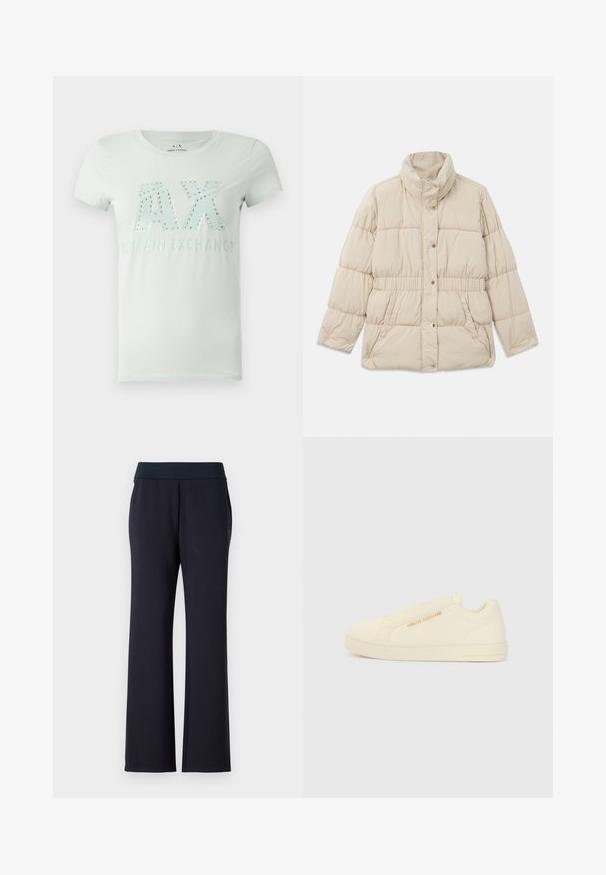 Bežinis pūkuotas švarkas su aukštu apykakle, spaudimo mygtukų uždarymu, elastingu juosmeniu ir dviem šoninėmis kišenėmis. Lygus paviršius su siuvinėta tekstūra.; Šviesiai mėtų žalios spalvos marškinėliai, pagaminti iš minkštos medžiagos, su ripsų akmenimis išsiuvinėtu "AX" logotipu ir tekstu "ARMANI EXCHANGE" po juo, suteikiančiu blizgų efektą.; Juodi laisvi kelnės su plačiu juosmeniu. Pagamintos iš minkštos medžiagos, turi dvi šonines kišenes ir sklandžią tekstūrą. Nėra matomų raštų.; Kreminės slip-on sportinės bateliai su lygiu paviršiumi, turinčiu iškilų logotipo akcentą ir minimalistišką dizainą. Storas guminis padas suteikia atramą.