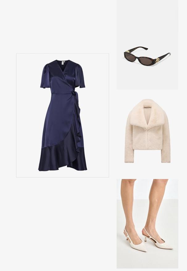 Rövid, rövidített elefántcsont színű műszőrme dzseki széles, puha gallérral és hosszú ujjakkal. Elegáns elülső záródással és texturált, plüss felülettel rendelkezik.; Tengerészkék selyem wrap ruha rövid puffos ujjakkal, fodros szegéllyel és deréknál megkötős övvel. Simaság és lágy vonalvezetés jellemzi.; Beige patent bőr slingback magassarkúk hegyes orral és 5 cm-es sarokkal, kivágott oldalakkal és vékony bokapánttal.; Tortából készült napszemüveg, hosszúkás ovális lencsékkel, barna színű árnyalattal, arany logóval a fülkagylón, és karcsú fekete szárakkal.; Ívelt, krém színű bőrtáska egyszíjas megoldással, aranyszínű fémrészekkel és diszkrét logóval az alján. Cipzáras záródás a felső élen.
