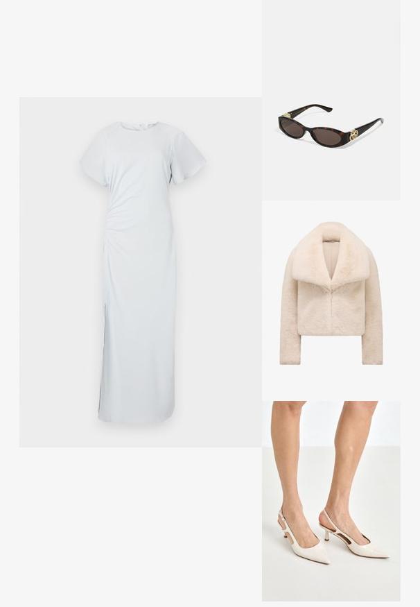 Trumpas, trumpai kirptas dramblio kaulo dirbtinio kailio švarkas su plačiu, minkštu apykakle ir ilgomis rankovėmis. Yra elegantiškas priekinis uždarymas ir tekstūruotas, pūkuotas paviršius.; Šviesiai mėlyna, iki kelių ilgio suknelė su apvalia iškirpte, trumpomis pūtimis rankovėmis, šoniniu raukšlėjimu ir subtiliu plyšiu apvadu, pagaminta iš lygaus audinio.; Šviesiai pilkos, lakuotos odos slingback aukštakulniai su smailiu noseliu ir 5 cm kulnu, su išpjovomis šonuose ir plona kulkšnies juostele.; Tortoise kiaurinių saulės akinių su pailgomis ovalo formos lęšiais, rudos spalvos atspalviu, auksinėmis logotipo detalėmis ant šakelių ir elegantiškais juodais rankenėlėmis.; Iškirptas kreminės odos rankinukas su viena juosta, auksinėmis detalėmis ir subtiliu ženklinimu apačioje. Užtrauktukas viršuje.; Auksinis vėrinys su lapo dizainu ir tekstūruotais akcentais. Papuošalas turi grandinėlės užsegimą ir natūralią, dinamišką formą.