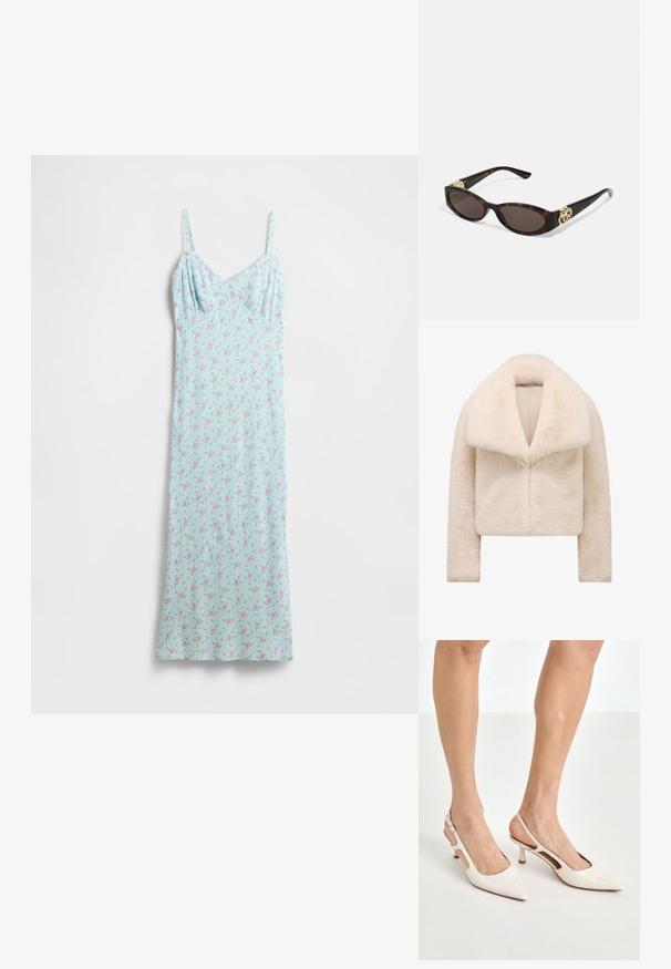 Trumpas, trumpai kirptas dramblio kaulo dirbtinio kailio švarkas su plačiu, minkštu apykakle ir ilgomis rankovėmis. Yra elegantiškas priekinis uždarymas ir tekstūruotas, pūkuotas paviršius.; Šviesiai mėlynos spalvos suknelė su gėlių raštu rausvos ir žalios spalvos. Plonos petnešėlės ir aptempta liemens dalis, pereinanti į laisvai krintančią sijono dalį. Minkšta audinio tekstūra.; Šviesiai pilkos, lakuotos odos slingback aukštakulniai su smailiu noseliu ir 5 cm kulnu, su išpjovomis šonuose ir plona kulkšnies juostele.; Tortoise kiaurinių saulės akinių su pailgomis ovalo formos lęšiais, rudos spalvos atspalviu, auksinėmis logotipo detalėmis ant šakelių ir elegantiškais juodais rankenėlėmis.; Iškirptas kreminės odos rankinukas su viena juosta, auksinėmis detalėmis ir subtiliu ženklinimu apačioje. Užtrauktukas viršuje.