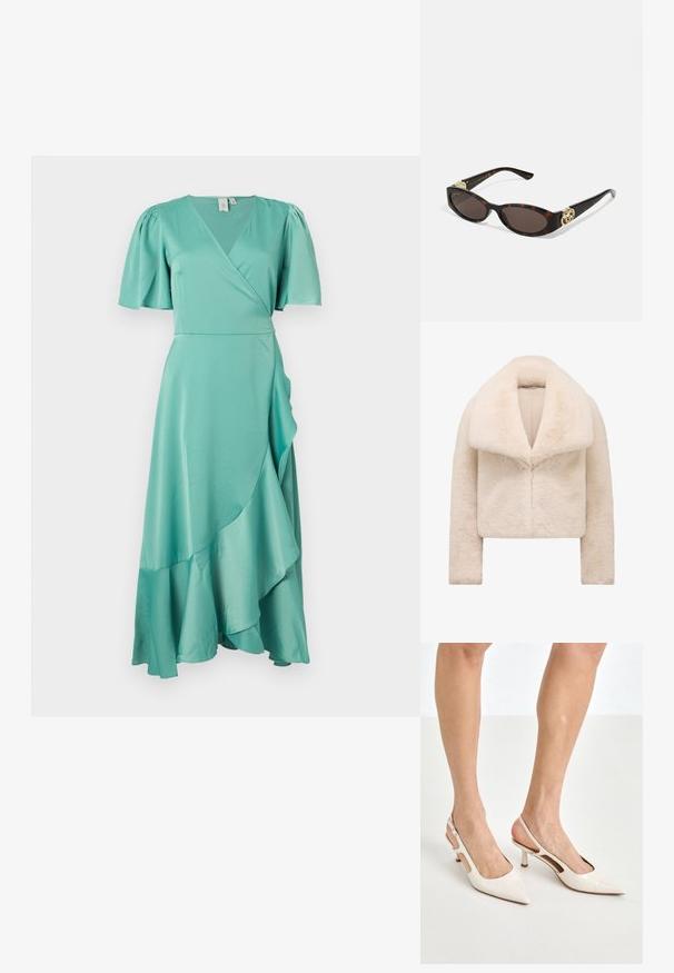 Kort, beskuren jacka i ivorifärgad faux fur med en bred, mjuk krage och långa ärmar. Har en slät frontstängning och en texturerad, plysch yta.; Tyrkis omfirad klänning med korta puffärmar, flödande tyg, asymmetrisk fåll och slät yta. Har en djup V-ringning.; Beige lackläder slingbackklackar med spetsig tå och 5 cm klack, med utskurna sidor och ett tunt ankelband.; Sköldpaddsformade solglasögon med avlånga ovala linser, brunt toning, guldfärgade logotypdetaljer på skalmarna och slanka svarta skaft.