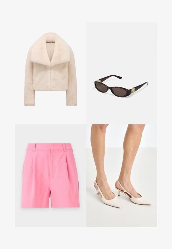 Kurze, geteilte ivoryfarbene Kunstfelljacke mit breitem, weichem Kragen und langen Ärmeln. Verfügt über einen eleganten Frontverschluss und eine strukturierte, plüschige Oberfläche.; Weißes Hemd mit Knopfleiste aus glattem Baumwollmaterial und klassischem Kragen, mit geradem Saum und beigen Knöpfen entlang der Vorderseite.; Rosa Shorts aus Baumwolle mit glatter Textur, ausgestattet mit Falten, einem Bund und seitlichen Taschen für zusätzliche Funktionalität.; Beige Lackleder Slingback-Absätze mit spitzem Fuß und 5 cm Absatz, mit ausgeschnittenen Seiten und einem schmalen Knöchelriemen.; Schildpatt-Sonnenbrille mit länglich-ovalen Gläsern, braunem Farbton, goldenen Logo-Akzenten an den Bügeln und schlanken schwarzen Bügeln.; Kremfarbene, gebogene Lederhandtasche mit einem einzelnen Tragegurt, goldener Hardware und dezentem Branding am unteren Rand. Reißverschlussverschluss entlang der oberen Kante.