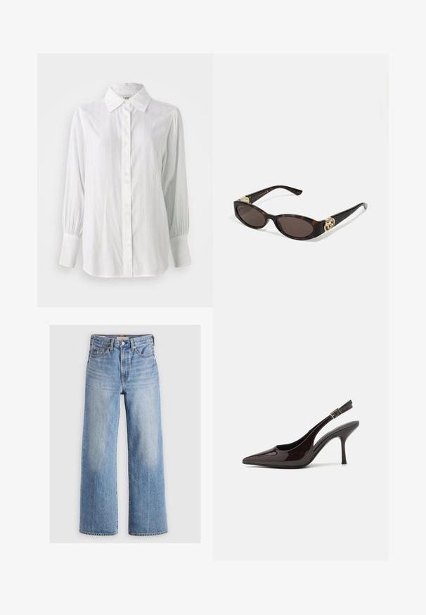 Short, cropped ivory faux fur jacket with a wide, soft collar and long sleeves. Features a sleek front closure and a textured, plush surface.; White button-up shirt with vertical stripes, long puffed sleeves, and a classic collar. Features a row of five buttons down the front.; Light blue denim wide-leg jeans with a high waist, faded areas, five pockets, and contrast stitching. Classic button and zipper closure.; Slingback high-heeled shoe in glossy dark brown patent leather, pointed toe, open sides, and adjustable ankle strap.; Tortoiseshell sunglasses with elongated oval lenses, brown tint, gold logo accents on temples, and sleek black arms.; Curved cream leather handbag with a single strap, gold hardware, and subtle branding at the bottom. Zipper closure along the top edge.; Gold necklace featuring a leaf design with textured details. The piece has a chain closure and a natural, flowing shape.