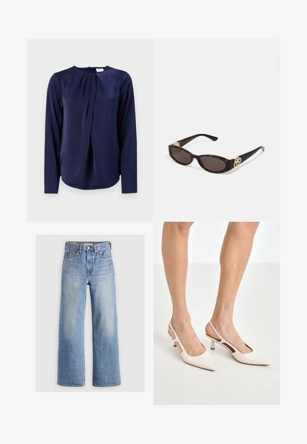 Giacca in finta pelliccia avorio corta e sfilata, con un ampio colletto morbido e maniche lunghe. Presenta una chiusura frontale elegante e una superficie testurizzata e soffice.; Blusa a maniche lunghe blu navy con scollo rotondo e dettagli plissettati frontali, realizzata in tessuto liscio e lucido.; Jeans in denim blu chiaro a gamba larga con vita alta, aree sbiadite, cinque tasche e cuciture a contrasto. Classico bottone e chiusura con zip.; Tacchi slingback in pelle lucida beige con punta affusolata e tacco di 5 cm, caratterizzati da lati traforati e una sottile fascia alla caviglia.; Occhiali da sole tartarugati con lenti ovali allungate, tonalità marrone, accenti dorati con logo sulle tempie e aste nere eleganti.; Collana d'oro con un design a foglia caratterizzato da dettagli testurizzati. Il pezzo presenta una chiusura a catena e una forma naturale e fluida.