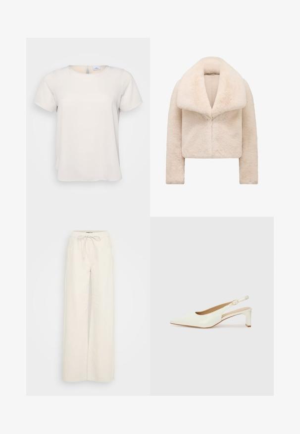 Rövid, rövidített elefántcsont színű műszőrme dzseki széles, puha gallérral és hosszú ujjakkal. Elegáns elülső záródással és texturált, plüss felülettel rendelkezik.; Rövid ujjú, kerek nyakú blúz világos bézs színű, sima textúrájú anyagból; hátul egy kulcslyuk részlet és laza szabás jellemzi.; Bőszárú nadrág krémfehér pamut anyagból, rugalmas derékpánttal, húzózsinórral és oldalsó zsebekkel. Simává textúrájú, minimalista dizájn.; Fehér lakkbőr slingback cipő, hegyes orral és alacsony blokk sarkal. Finom pánttal rendelkezik, arany színű csattal.