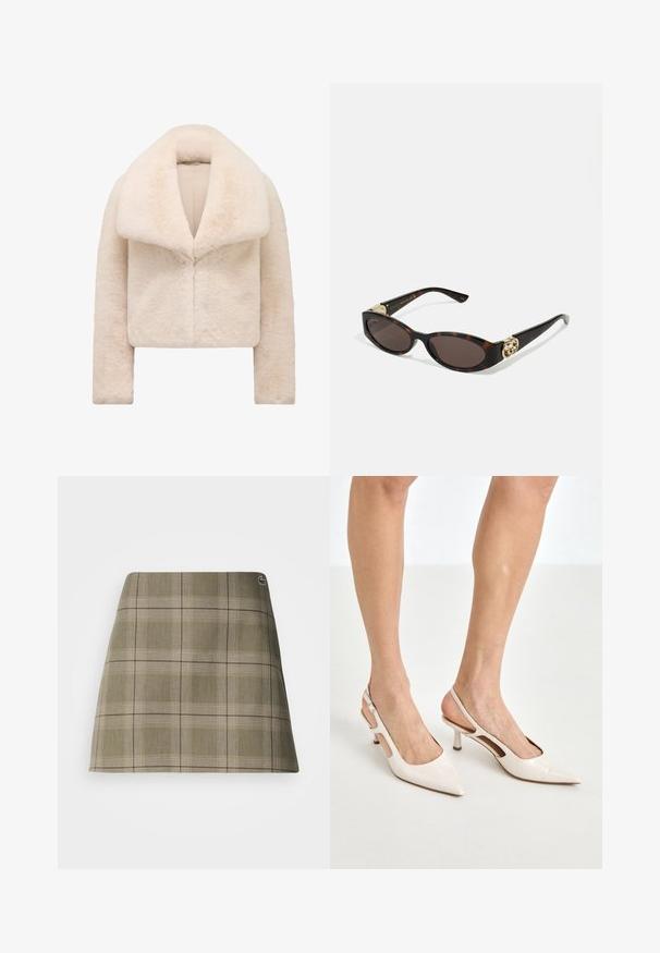 Giacca in finta pelliccia avorio corta e sfilata, con un ampio colletto morbido e maniche lunghe. Presenta una chiusura frontale elegante e una superficie testurizzata e soffice.; Top a maniche lunghe con collo alto di colore beige chiaro. Realizzato in un tessuto morbido e elasticizzato, con una vestibilità rilassata e un collo pieghevole.; Gonna a pieghe mini in verde oliva e beige, con un design dritto, una texture sottile e un piccolo logo accento vicino alla vita.; Tacchi slingback in pelle lucida beige con punta affusolata e tacco di 5 cm, caratterizzati da lati traforati e una sottile fascia alla caviglia.; Occhiali da sole tartarugati con lenti ovali allungate, tonalità marrone, accenti dorati con logo sulle tempie e aste nere eleganti.; Borsa a tracolla curva in pelle crema con una sola tracolla, minuteria dorata e un branding sottile nella parte inferiore. Chiusura con zip lungo il bordo superiore.; Collana d'oro con un design a foglia caratterizzato da dettagli testurizzati. Il pezzo presenta una chiusura a catena e una forma naturale e fluida.