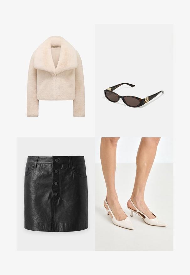 Giacca in finta pelliccia avorio corta e sfilata, con un ampio colletto morbido e maniche lunghe. Presenta una chiusura frontale elegante e una superficie testurizzata e soffice.; Top a maniche lunghe con collo alto di colore beige chiaro. Realizzato in un tessuto morbido e elasticizzato, con una vestibilità rilassata e un collo pieghevole.; Gonna nera in pelle con vita alta, chiusura frontale con bottoni, due tasche laterali e una forma leggermente svasata. Finitura testurizzata.; Tacchi slingback in pelle lucida beige con punta affusolata e tacco di 5 cm, caratterizzati da lati traforati e una sottile fascia alla caviglia.; Occhiali da sole tartarugati con lenti ovali allungate, tonalità marrone, accenti dorati con logo sulle tempie e aste nere eleganti.; Borsa a tracolla curva in pelle crema con una sola tracolla, minuteria dorata e un branding sottile nella parte inferiore. Chiusura con zip lungo il bordo superiore.