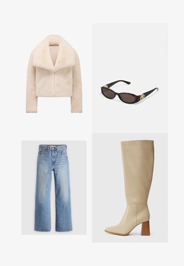Kurze, geteilte ivoryfarbene Kunstfelljacke mit breitem, weichem Kragen und langen Ärmeln. Verfügt über einen eleganten Frontverschluss und eine strukturierte, plüschige Oberfläche.; Langärmliges Rollkragenshirt in einem hellen Beigeton. Hergestellt aus weichem, dehnbarem Stoff mit lockerer Passform und umgeschlagenem Kragen.; Helleblaue Jeans mit weitem Bein und hoher Taille, mit ausgewaschenen Stellen, fünf Taschen und Kontrastnähten. Klassische Knopf- und Reißverschlussöffnung.; Beige Lederstiefel bis zum Knie mit spitzem Zehenbereich, strukturiertem Blockabsatz und glatter Oberfläche. Nahtdetails an Knöchel und oberem Schaft.; Schildpatt-Sonnenbrille mit länglich-ovalen Gläsern, braunem Farbton, goldenen Logo-Akzenten an den Bügeln und schlanken schwarzen Bügeln.; Kremfarbene, gebogene Lederhandtasche mit einem einzelnen Tragegurt, goldener Hardware und dezentem Branding am unteren Rand. Reißverschlussverschluss entlang der oberen Kante.; Goldene Halskette mit einem Blattdesign und strukturierten Details. Dieses Stück hat einen Kettenverschluss und weist eine natürliche, fließende Form auf.